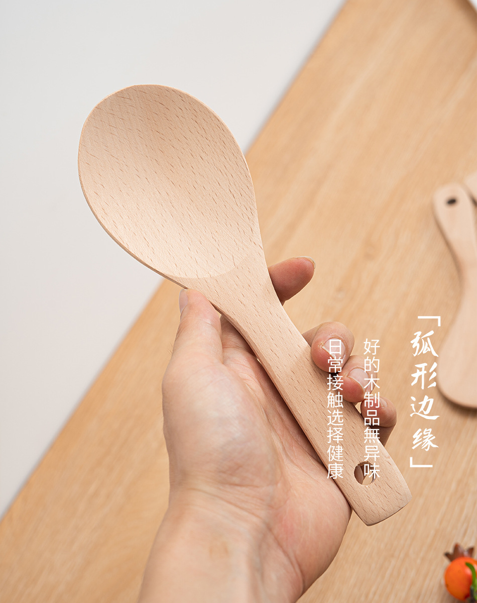 Wholesale beech long-handled spatula, unpainted and waxed cooking kitchenware set, non-stick pan, long-handled wooden spatula for stir-frying pic 14
