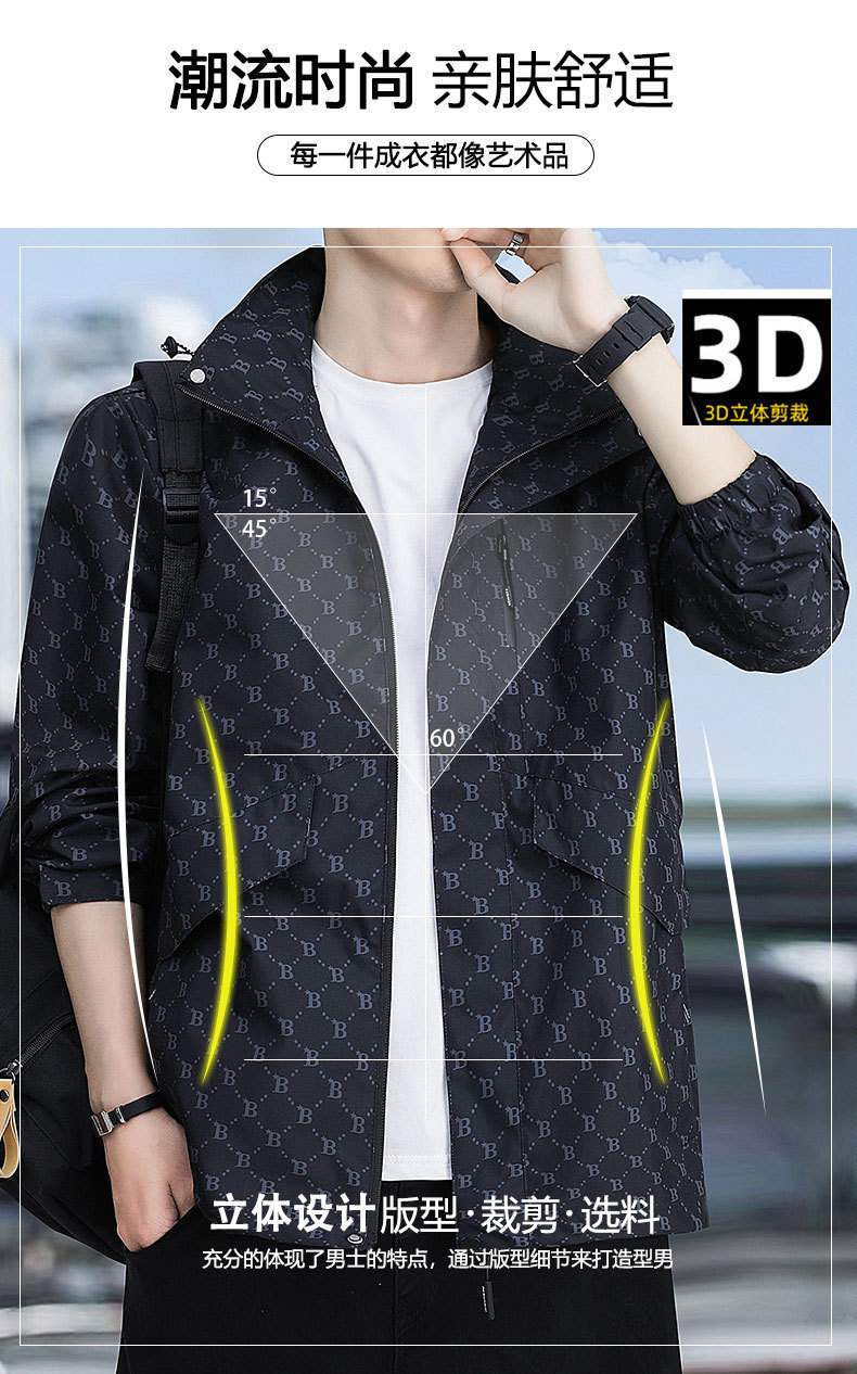 春秋季时尚潮牌印花户外休闲防风防水冲锋衣男士百搭帅气连帽夹克 pic 2