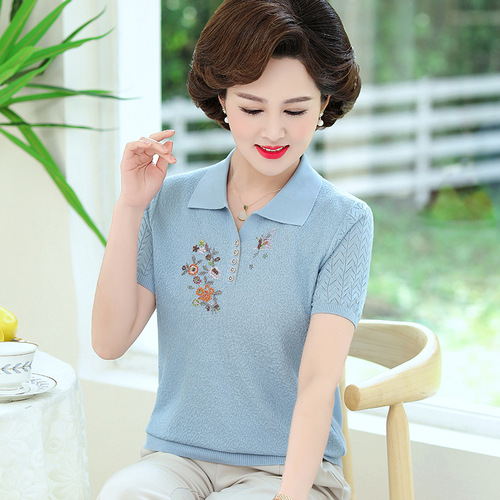 中老年人真丝短袖上衣女高贵宽松大码妈妈夏装香云纱圆领绣花t恤详情10