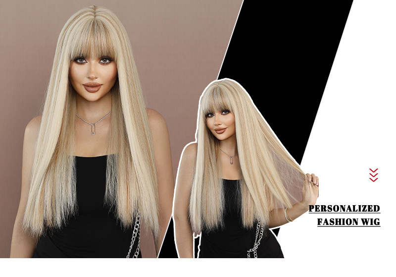 A cross-border Wig blogger on Xiaohongshu, a wig for women with long straight hair, highlights dyed beige lolita, and a full synthetic fiber wig pic 9