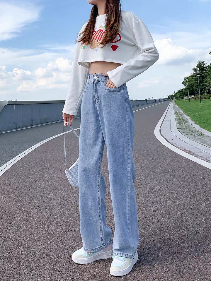 2022 Summer new style denim long pants for women, Korean high-waisted, slimming, floor-length wide-leg pants, wholesale from foreign trade street stalls pic 19