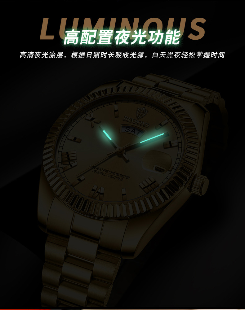 宾邦手表男士非机械表防水日志型时尚男表蓝色跨境情侣商务腕表详情7