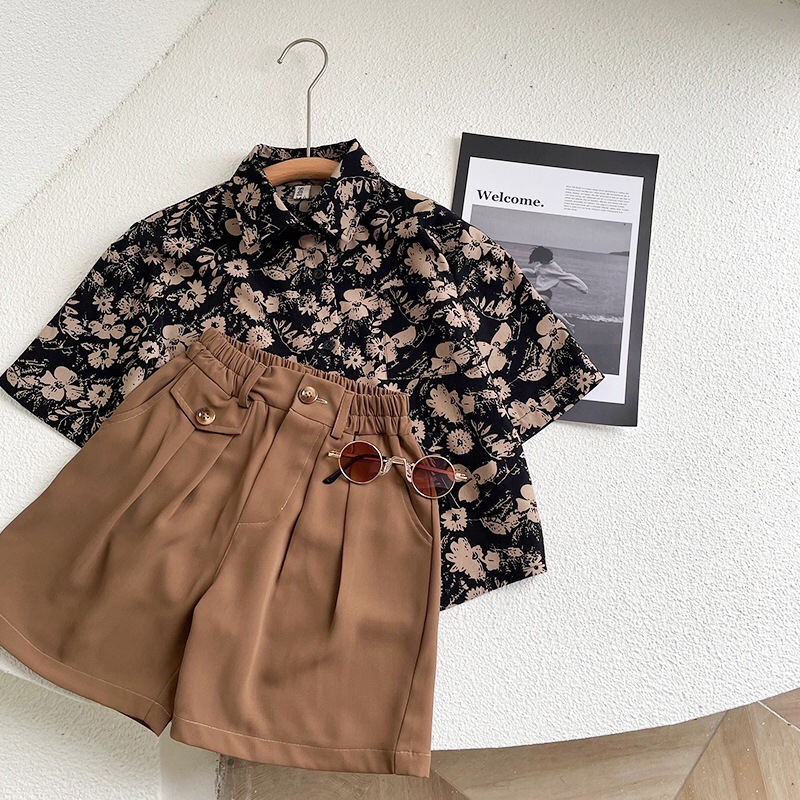 儿童夏装套装男童夏季新款童装女宝复古港风碎花短袖衬衫两件套潮详情13