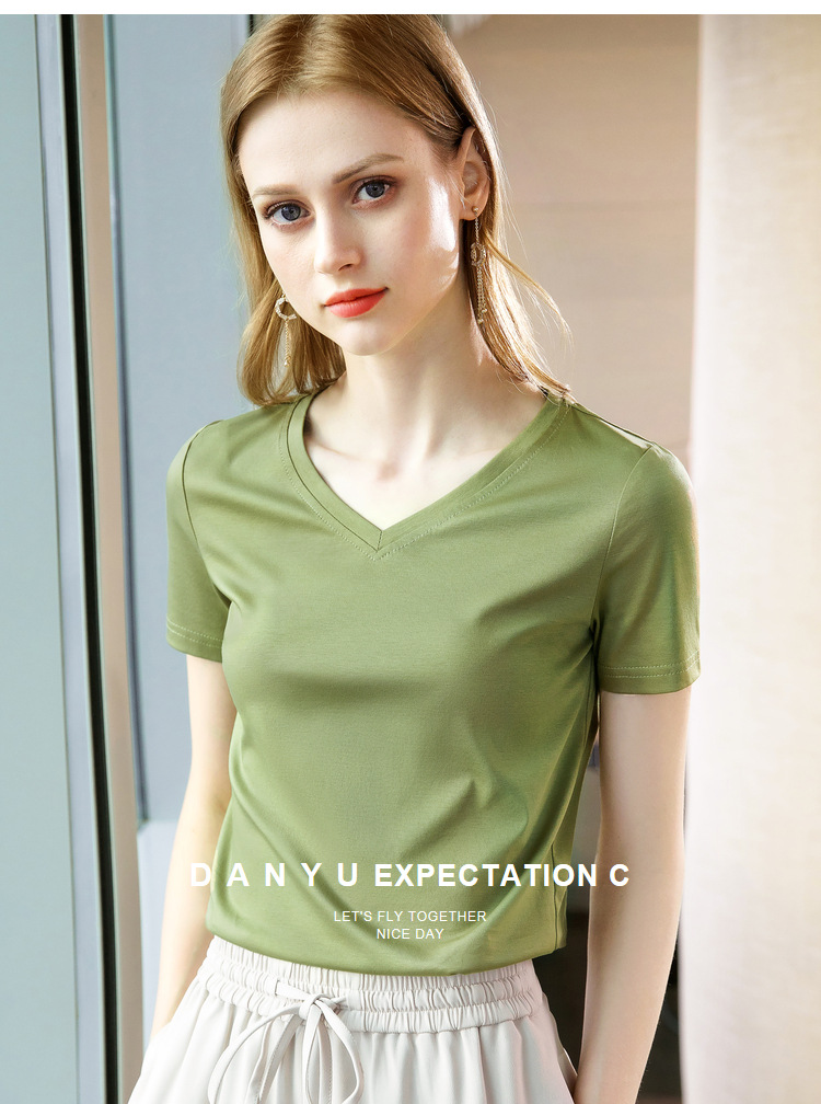 冰感丝光棉短袖t恤女2024新款女装气质v领纯棉体恤纯色高级感上衣详情37