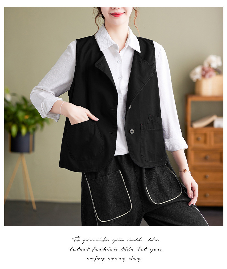 实拍2023年气质百搭小马甲女士春季新品单排扣宽松显瘦无袖马夹详情3