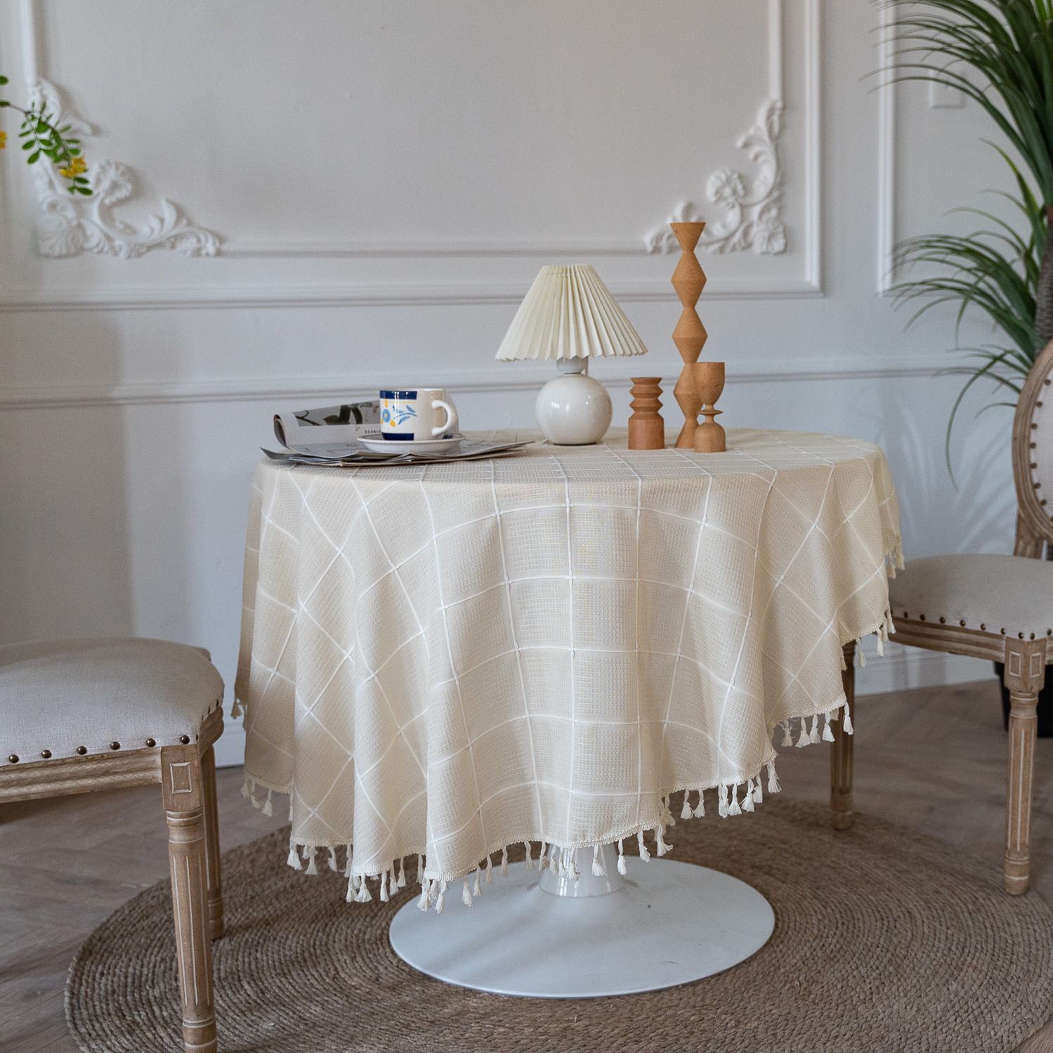 Cross-border TEMU Xiyin round table cloth, Japanese cream white tassel tablecloth, table cloth, cover cloth, Amazon factory wholesale pic 33