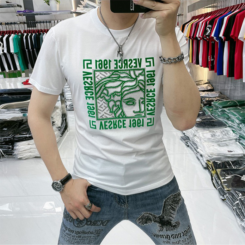 高品质夏季男士短袖t恤植绒圆领衫美人头半袖男装丝光棉薄款休闲详情11