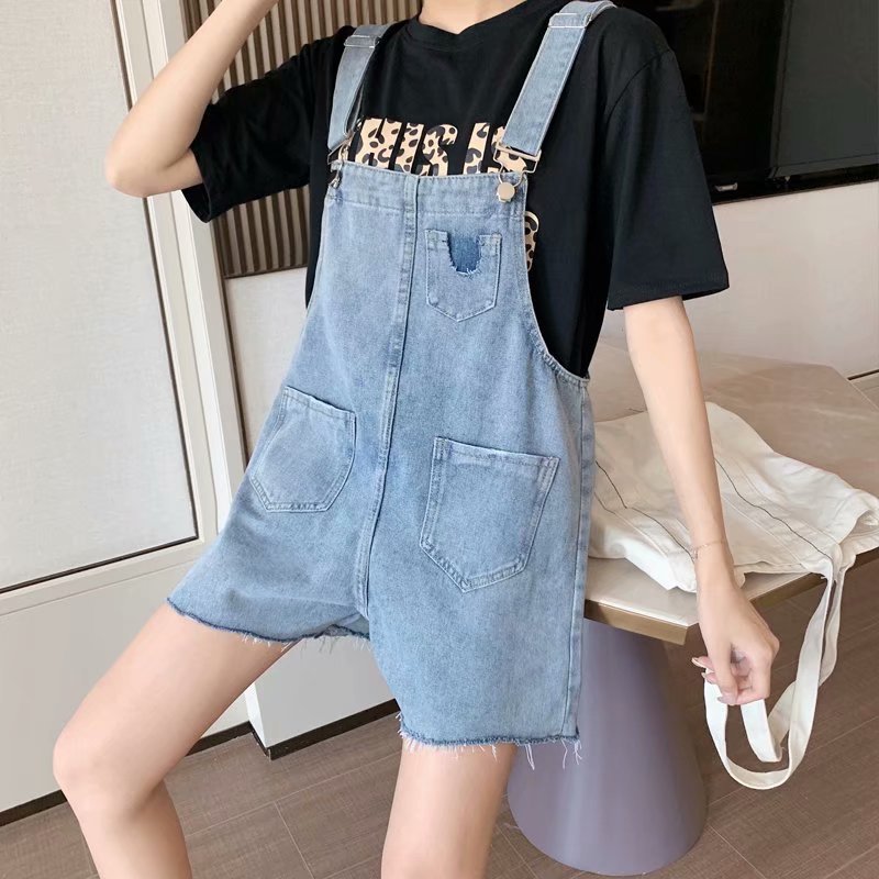 Summer internet-famous ripped denim overalls for women, high-waisted, loose, plus-size, youthful and petite student suspenders pic 6