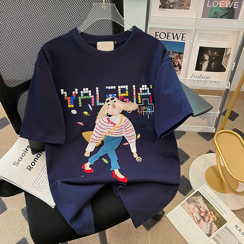 实拍32支双纱纯棉螺纹领短袖t恤女夏2023刺绣花圆领上衣大码女装详情18