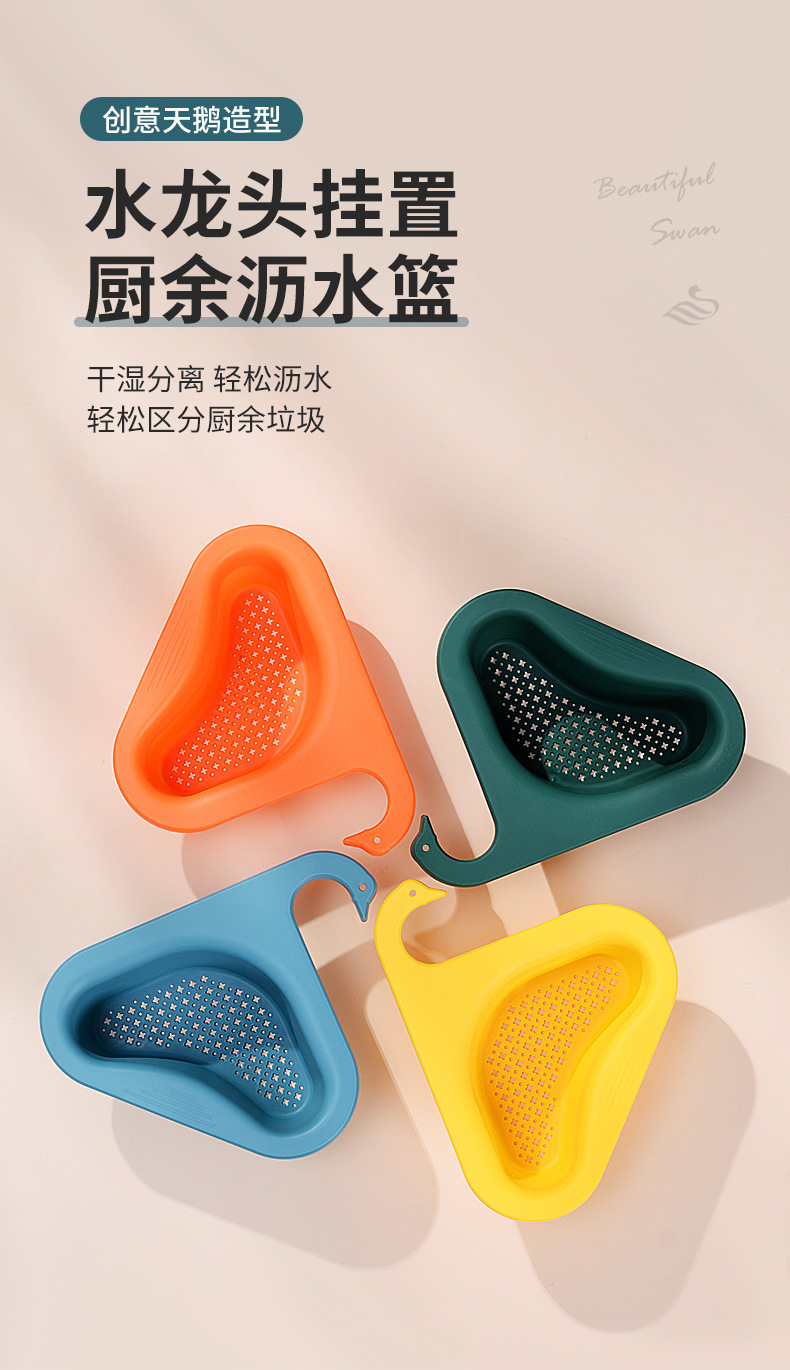 厨房专用垃圾过滤篮天鹅沥水篮干湿分离水槽挂式洗蔬菜沥水滤水架详情1