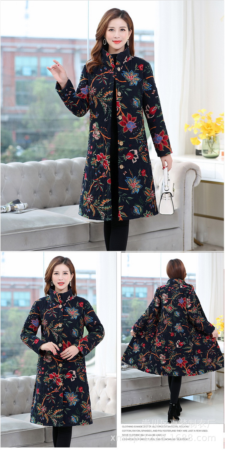 New winter cotton-padded jacket, long and patterned cotton-padded jacket with thick cotton lining for warmth, single-breasted stand-up collar pic 11