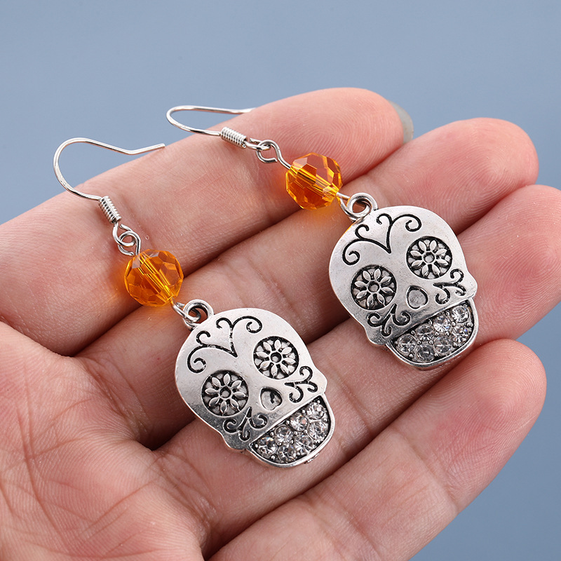 Halloween series Antique PVC human skeleton earrings, terrifying skull key chain accessories, alloy pendants pic 3