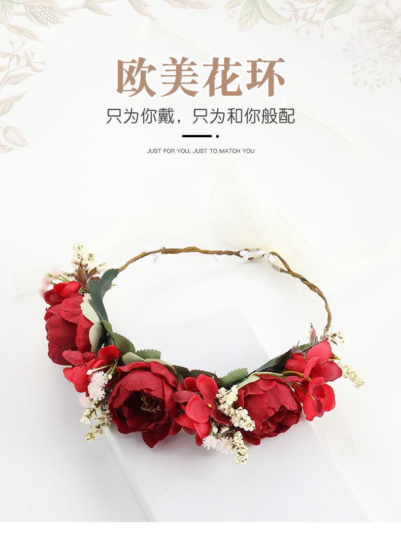 Wholesale of cross-border European and American AliExpress fashion flower wreath headwear, rose bride seaside vacation hair bands, and simulated flower hair accessories pic 1