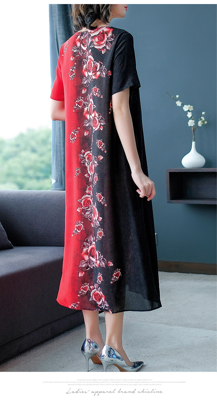 批发V领印花连衣裙女2021夏季新款阔太太大码遮肚桑蚕丝裙子潮详情13