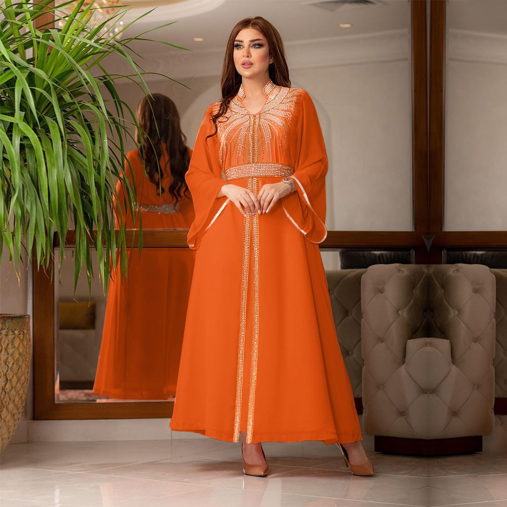 XQY500090 Foreign trade Arab robe, Middle East kaftan fashion Hot diamond belted chiffon dress pic 22