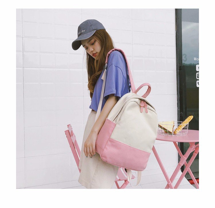 Factory wholesale of college-style, fresh, artistic, simple and versatile canvas backpacks, color-matched schoolbags for middle school best friends pic 29