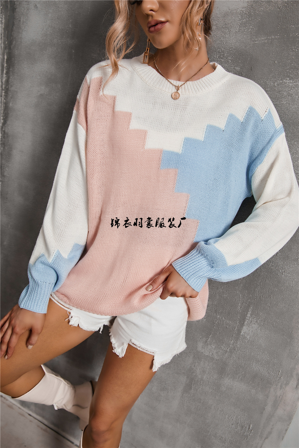 New Spring collection for 2025: European and American foreign trade fashion and individuality, patchwork round neck, large size loose knitted sweater, long-sleeved sweater for women pic 19
