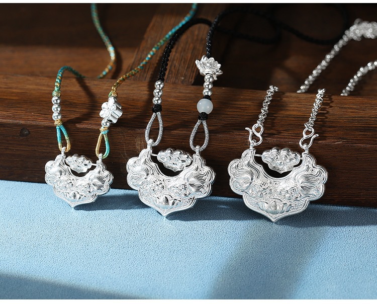 足银999锦鲤锁银莲花国风平安锁编织纯银项链双鱼如意长命锁锁骨详情9