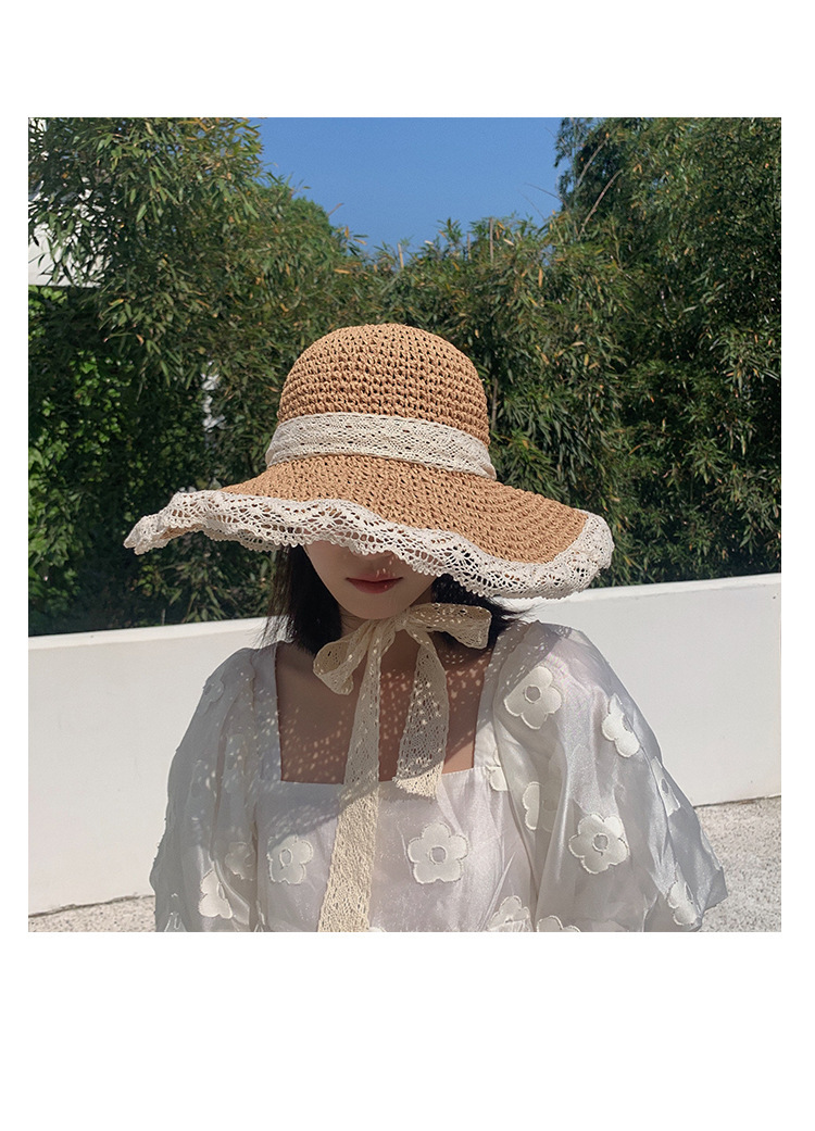 Summer travel wide-brimmed lace sun protection hat, elegant and stylish forest style for women, adult hat, Japanese and Korean vacation lace straw hat pic 5