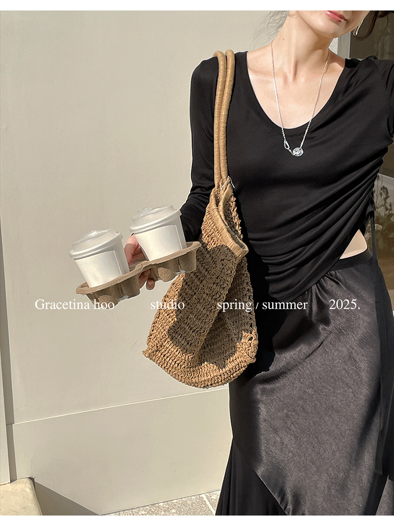 Early spring new collection of 2025, a simple and laid-back two-wear T-shirt with a basic U-neck and a large ribbon for women pic 21