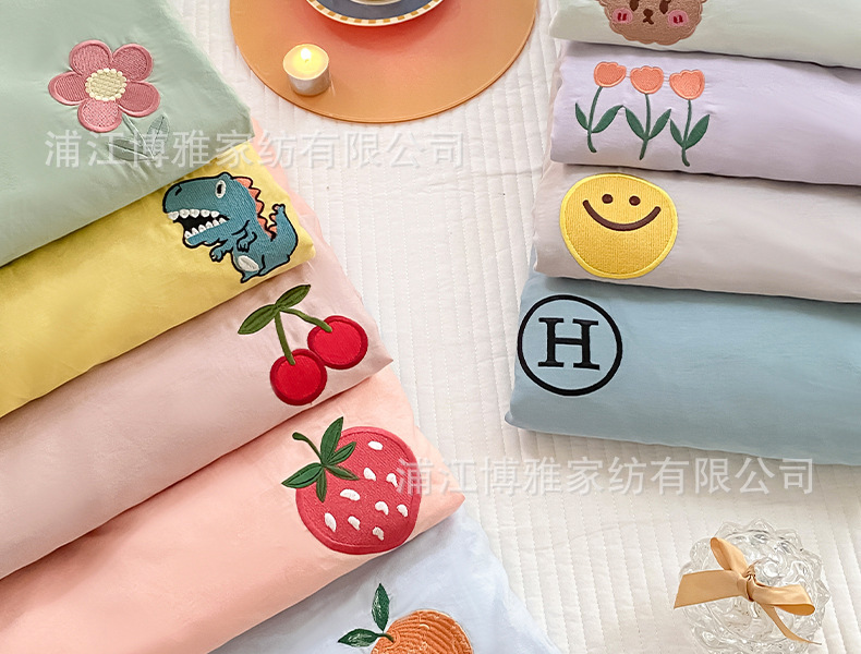 High-quality, simple cartoon ins pure cotton solid color embroidered bed covers, pure cotton mattress protective covers, bedspreads, single item wholesale pic 11