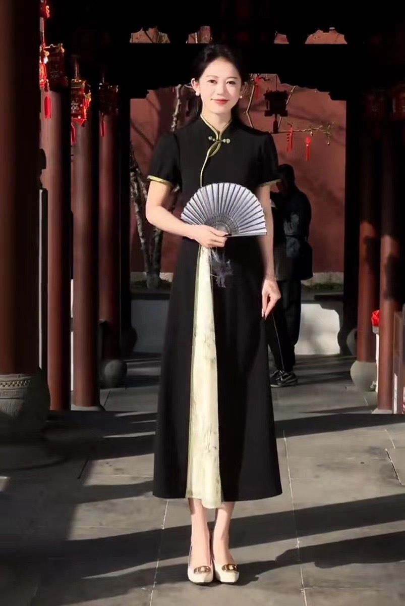 设计感精致新中式显瘦旗袍连衣裙女2024夏季新款开叉拼接时尚长裙详情2