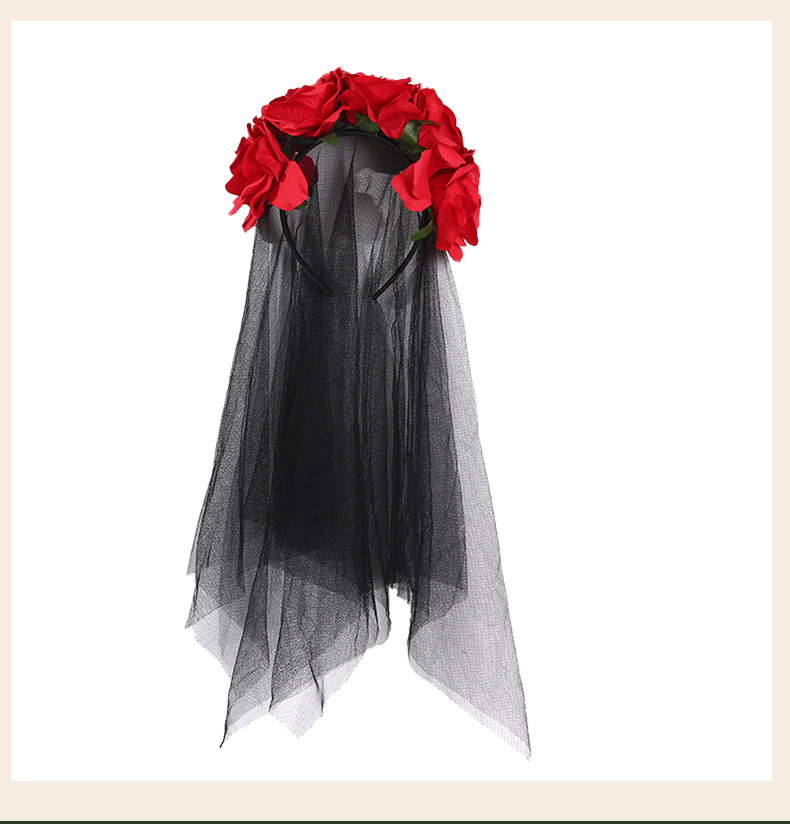 欧美风格万圣节派对专用暗黑女巫装扮发箍 红黑玫瑰花朵头纱亡灵节头扣 配饰围巾详情8