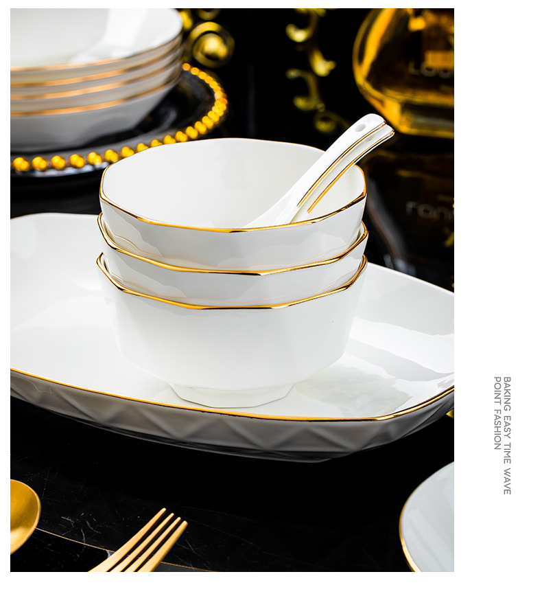 Gilded shadow blue diamond bone China tableware set, Jingdezhen ceramic tableware, diamond bowls, plates and plates, light luxury high-end gifts pic 14