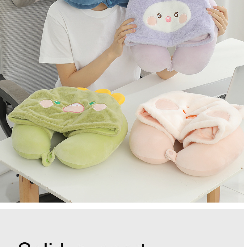 New cartoon hooded U-shaped pillow, plush hooded neck pillow, travel portable neck pillow, soft office nap pillow pic 2