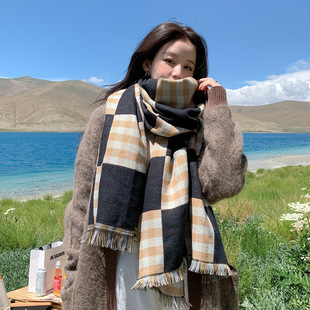 秋冬新款英伦格子仿羊绒围巾儿童流苏保暖披肩两用男女围脖批发详情11