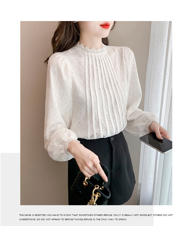 New Chinese-style in-stock real photos of the autumn new Korean-style versatile semi-high-neck lace base shirt for women. Pair it with a lace shirt inside pic 17