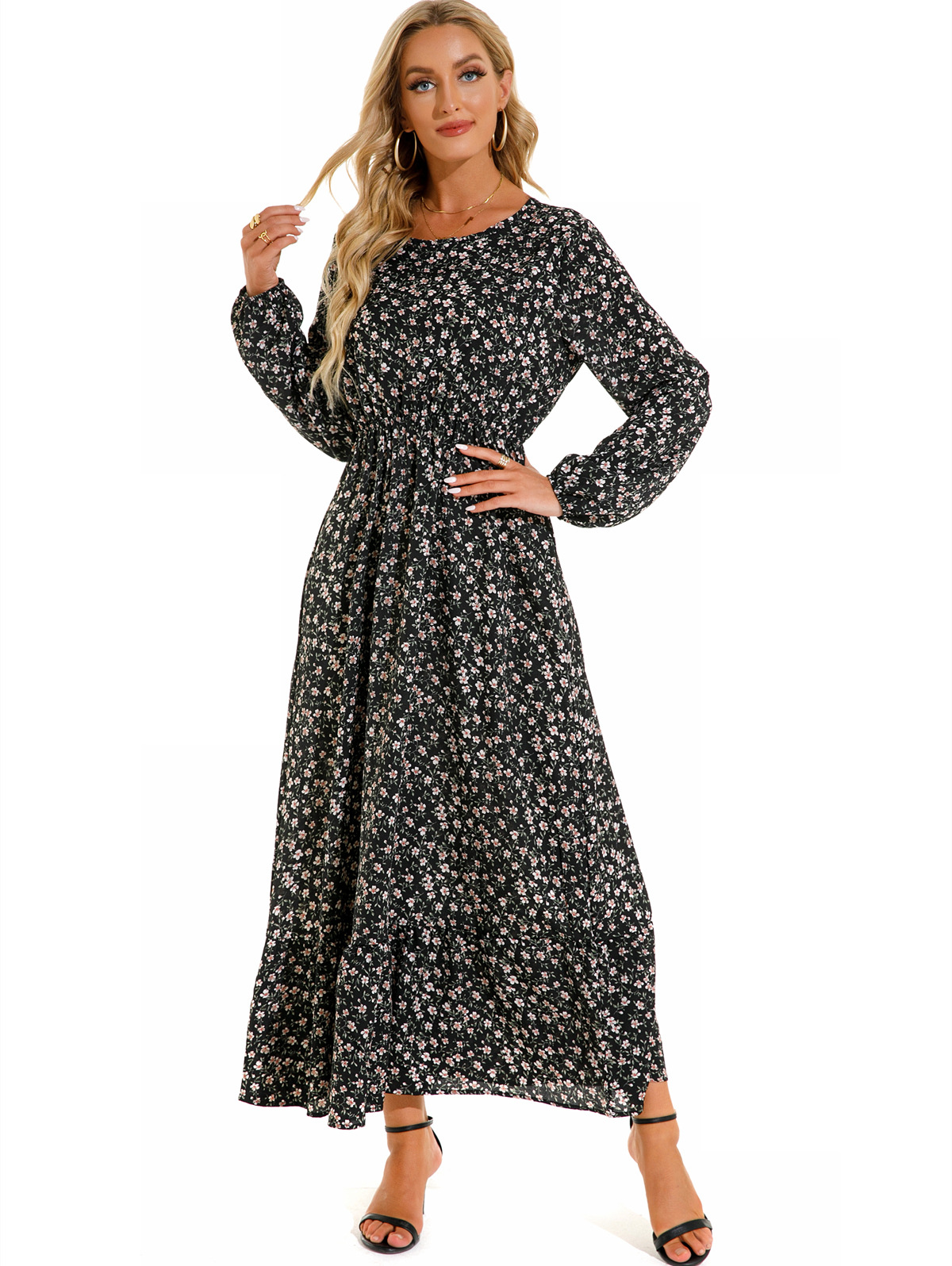 European and American floral long, round-neck, long-sleeved, waist-cinching and slimming dress pic 47