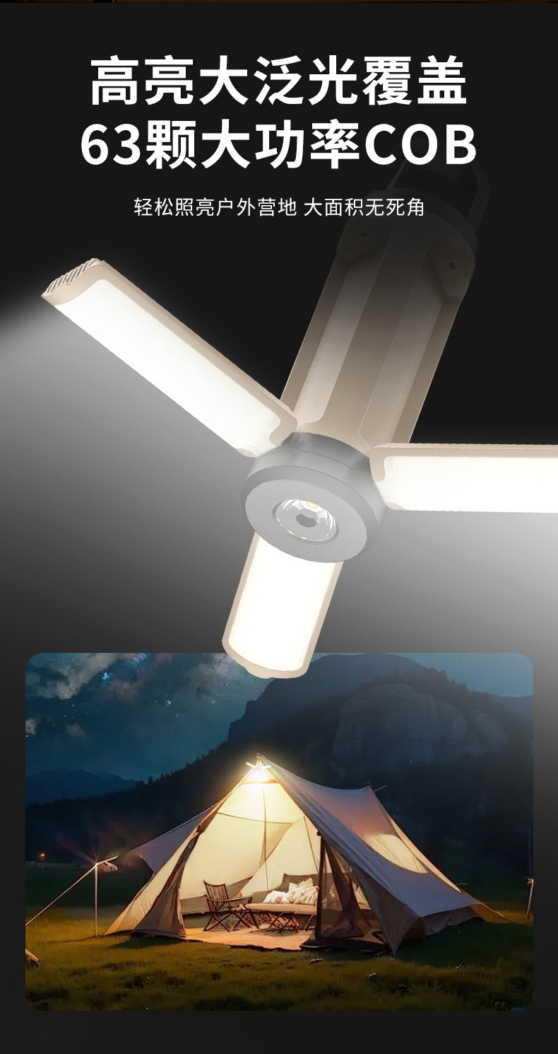 跨境新款多功能可折叠三叶露营灯 户外野营带挂钩LED帐篷灯 批发详情6