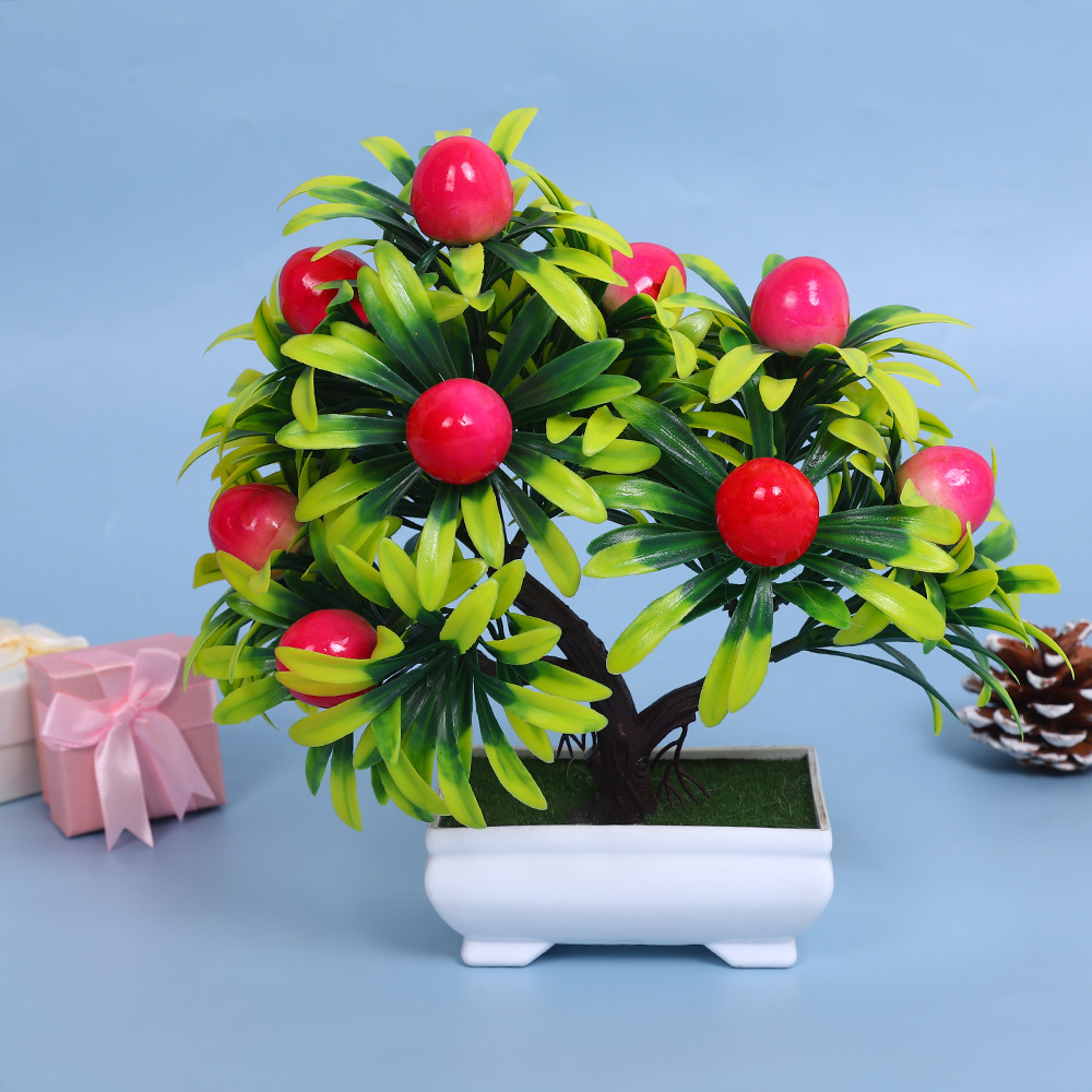 A comprehensive collection of simulated fruit potted plants and bonsai, including red apples, pomegranates, strawberries, oranges, peaches, mangoes, bananas, and red peppers for decoration pic 13