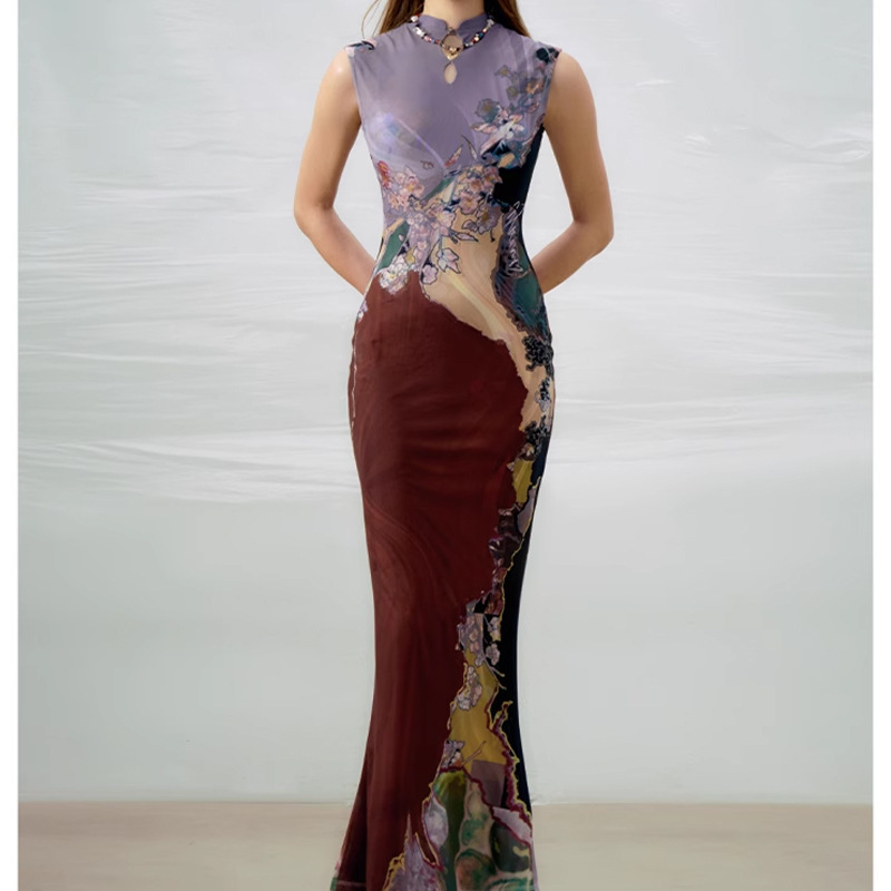 现货OfAki”新中式前后两穿撞色旗袍连衣裙女印花鱼尾背心裙详情20