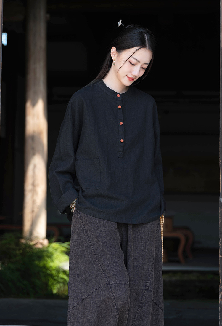 2024春夏棉麻女装新品亚麻立领拼色盘扣套头大码上衣女式棉麻衬衫详情22