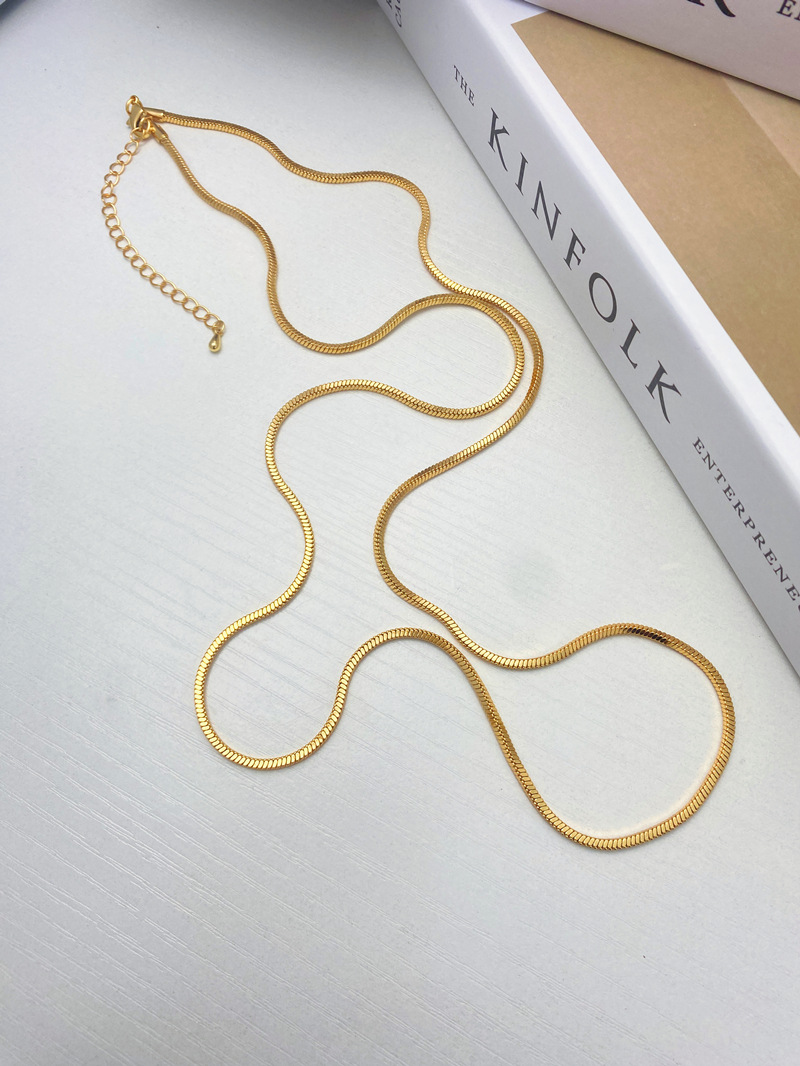 Korean simple square long snake bone necklace, gold-plated brass for women, high-end and versatile collarbone chain sweater chain for autumn and winter pic 7