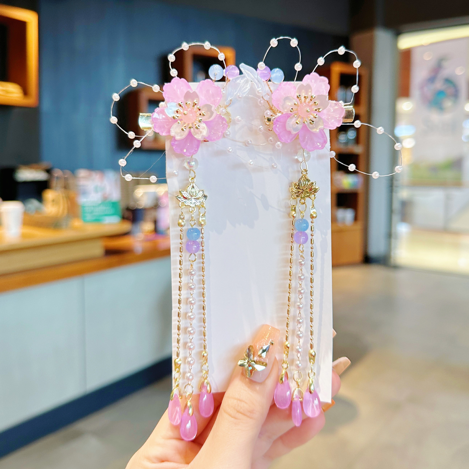 儿童发夹 国潮系列新款古风花朵蝴蝶珍珠流苏中国风琉璃对夹女孩汉服头饰详情39