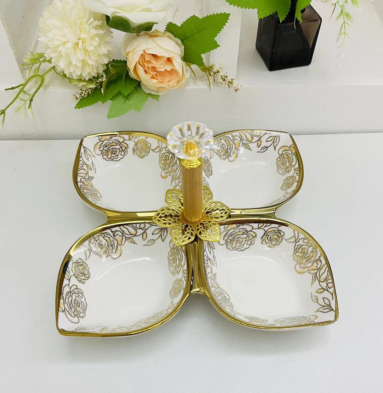 Creative ceramic multi-compartment fruit plate, pastry plate, flower tea, dried fruit snack plate, crystal, 4-compartment tableware, fruit plate, 13-piece golden castle vase pic 8