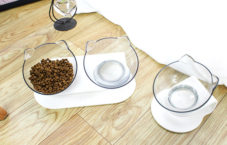 Transparent double cat bowl, cat food bowl, water bowl, cat food basin, cat bowl stand, dog bowl, dog food basin, slanted spine guard, pet bowl pic 6