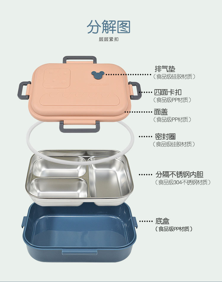 创意新款304不锈钢四扣学生饭盒上班族 三明治保温便当盒带盖套装详情15