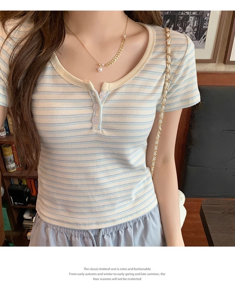 蓝白条纹短袖正肩女t恤春夏2025新款chic小众设计感修身短款上衣详情15