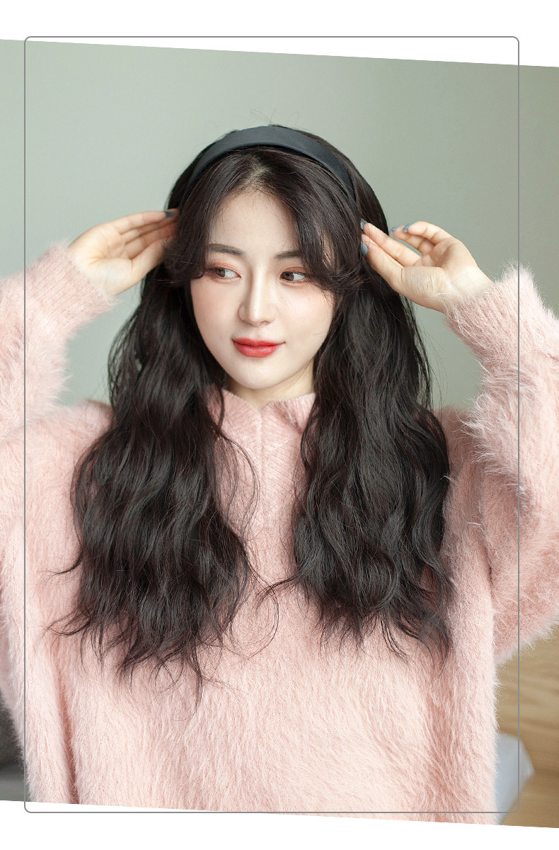 Black hairband wig one-piece long water ripple corn silk permed long curly hair half head cover pic 8