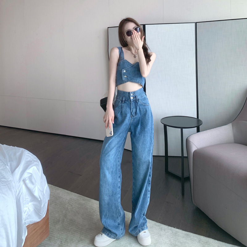 炸街牛仔套装潮女夏季新款短款背心+高腰宽松阔腿拖地女式牛仔裤详情12