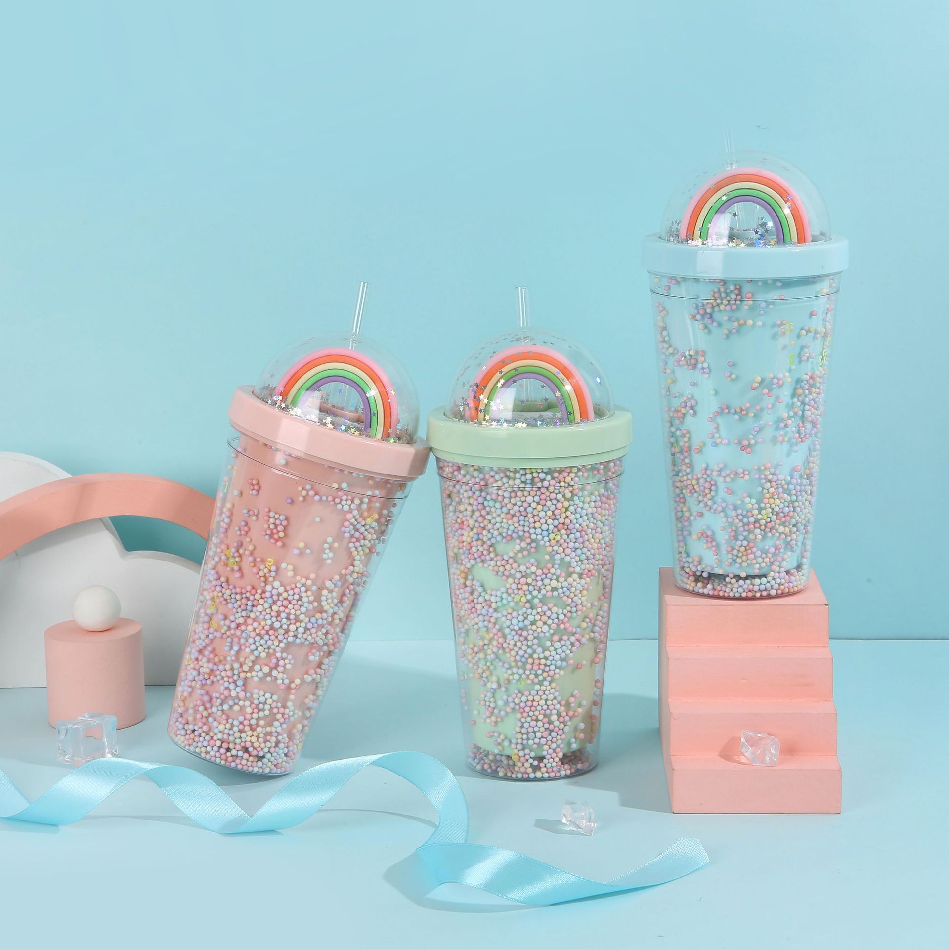 Student foam seven-color plastic cup, outdoor portable and cute water cup, Internet celebrity high appearance level creative rainbow straw cup pic 4