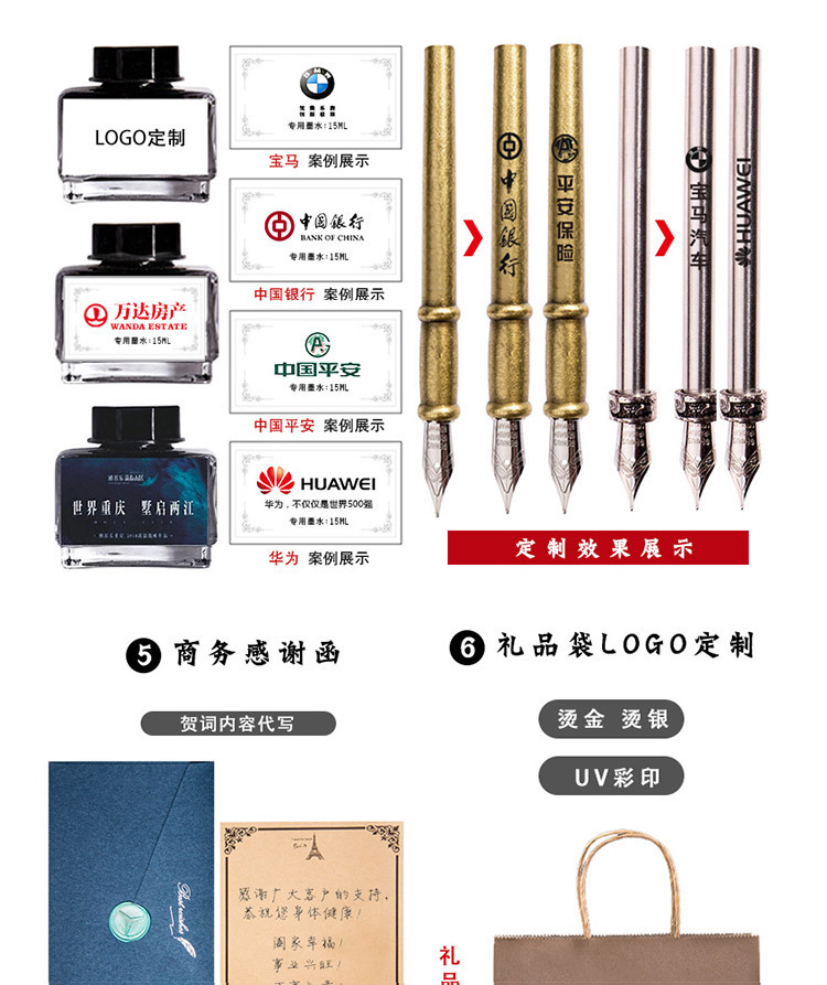 蓝孔雀羽毛油画风格生日创意礼品蘸水钢笔套装英文书法笔复古礼盒详情13