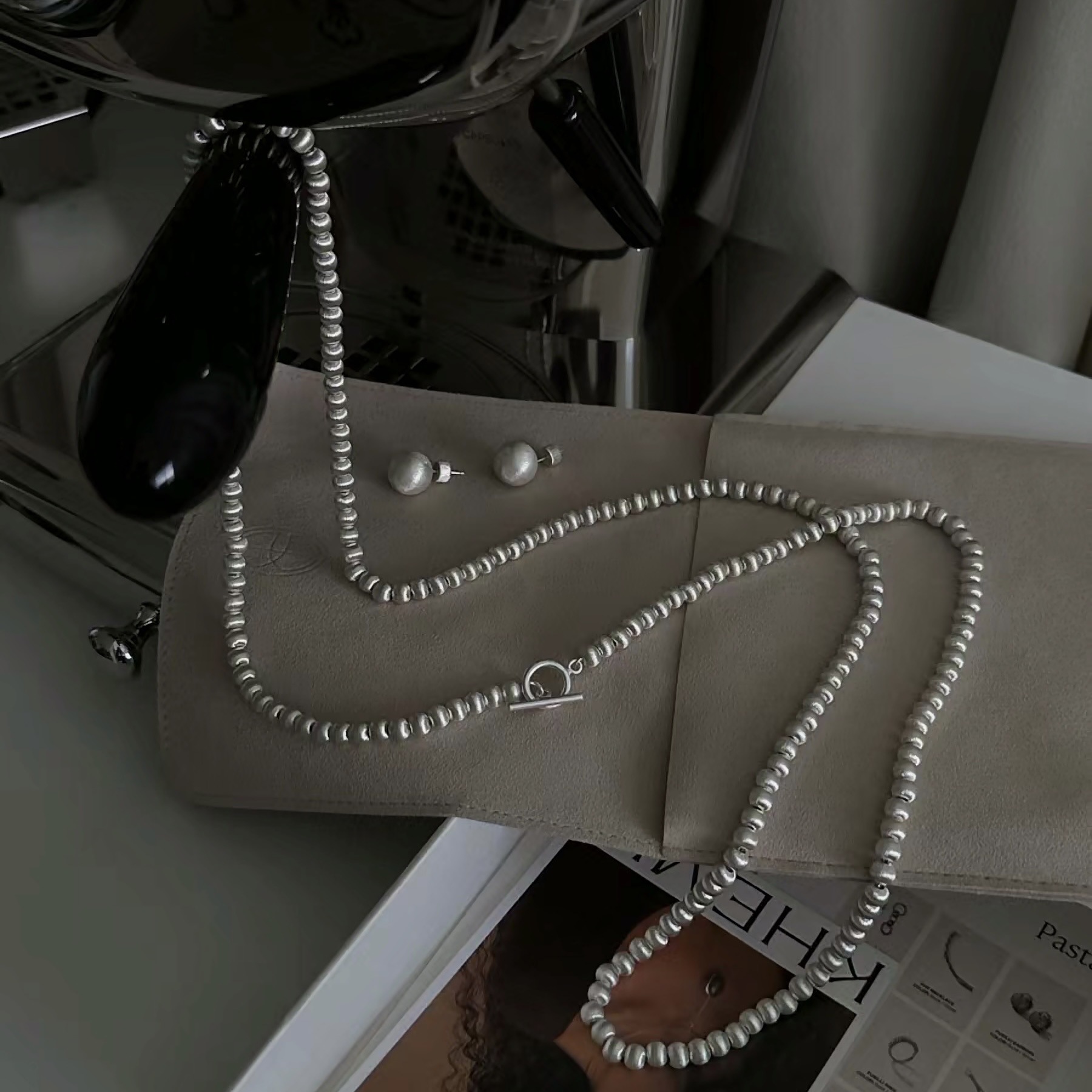 春秋圆球拉丝工艺锁骨链小众设计感轻奢高级感重工长款毛衣链耳环详情6