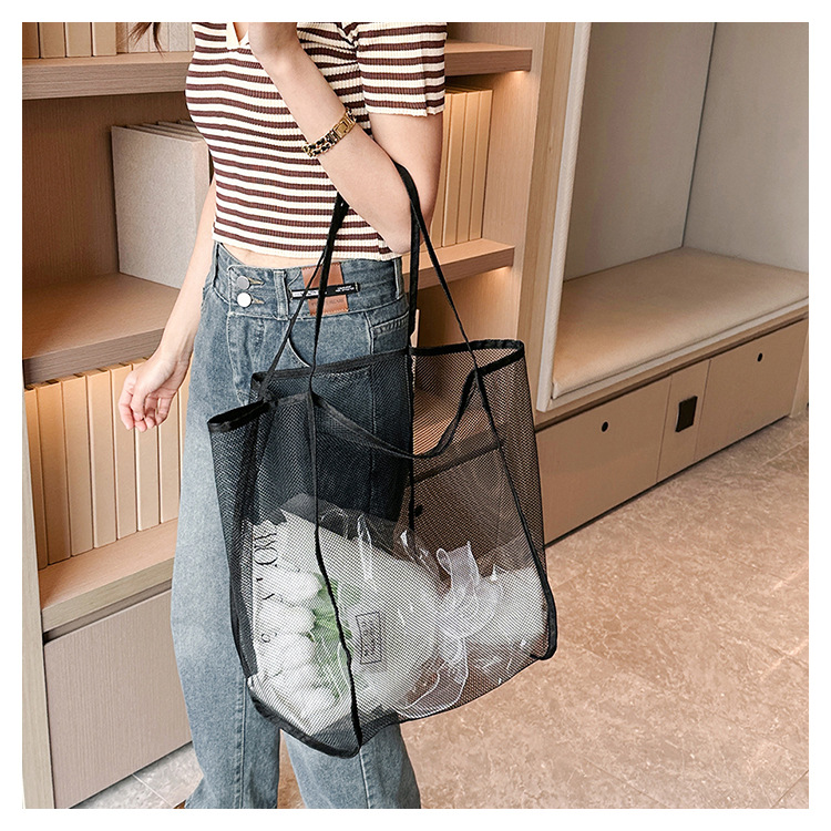 2024夏季新款购物袋纱网透明时尚单肩网纱沙滩包大容量网眼托特包详情56