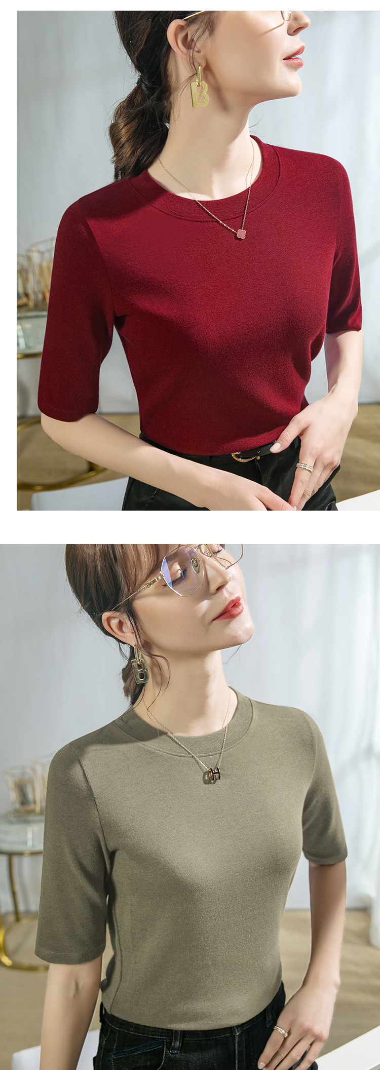 莫代尔棉上衣圆领薄绒打底衫女秋装2024新款内搭五分袖t恤女修身详情22