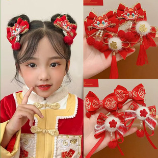 新年款红色古风流苏发夹儿童汉服发卡头饰女童复古蝴蝶结发夹发饰详情11